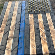 Hand Crafted Southern Pine Thin Blue Line American Flag W/ Brass Stars