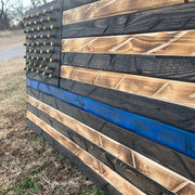 Hand Crafted Southern Pine Thin Blue Line American Flag W/ Brass Stars
