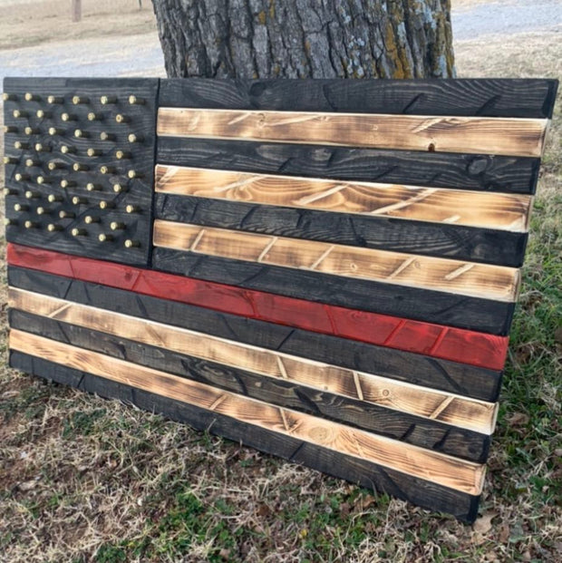 Hand Crafted Southern Pine Red Line Of Courage American Flag W/ Brass Stars