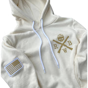 Women's American Flag Patch Pullover Hooded Sweatshirt (Natural)