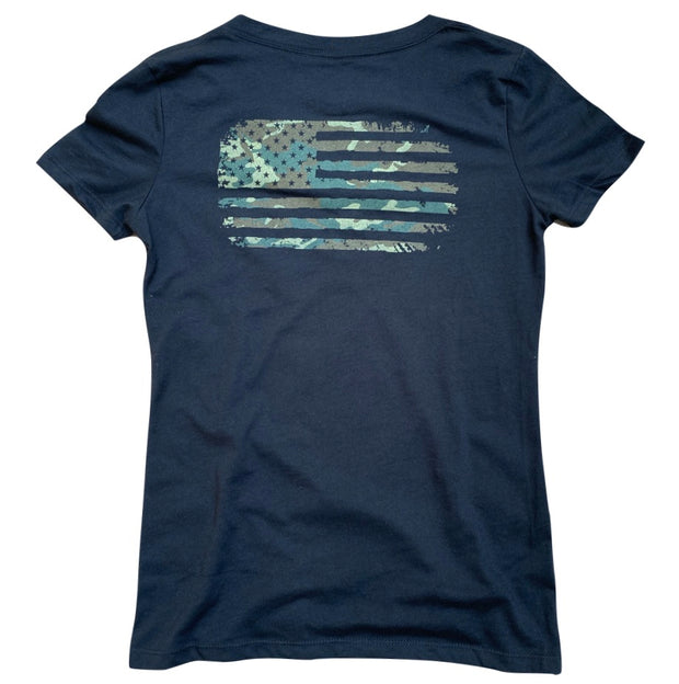 Women's Woodland Camo American Flag Patriotic V-Neck T Shirt