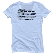 Women's Gray Camo American Flag Patriotic V-Neck T Shirt (White)